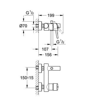 GROHE CONCETTO vaňová nástenná batéria, s prepínačom, chróm 32211001 Technický nákres