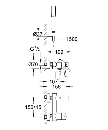 GROHE CONCETTO vaňová nástenná batéria, s prepínačom, so sprchovou súpravou, chróm 32212001 Technický nákres