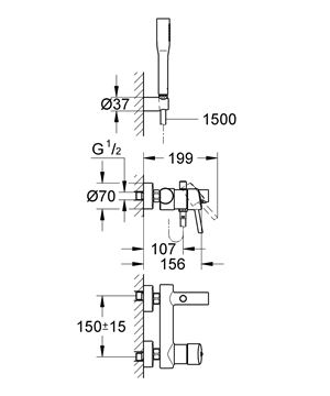 GROHE CONCETTO vaňová nástenná batéria, s prepínačom, so sprchovou súpravou, chróm 32212001 Technický nákres