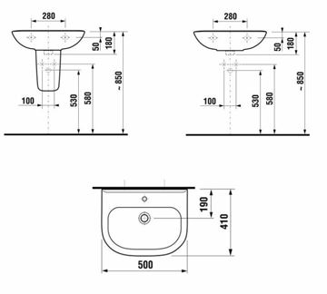 EASY umývadlo 50 cm, s otvorom pre batériu a prepadom H8106110001045 Technický nákres