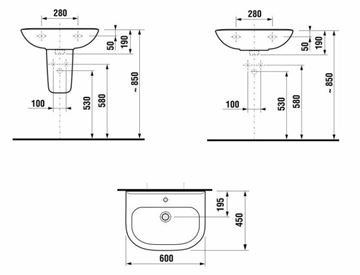 EASY umývadlo 60 cm, s otvorom pre batériu a prepadom H8106130001045 Technický nákres