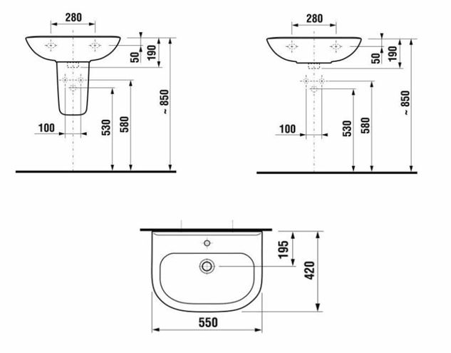 EASY umývadlo 55 cm, s prepadom H8106120001095 Technický nákres