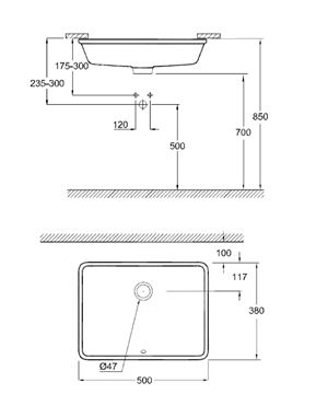 GROHE CUBE CERAMIC umývadlo 50 cm, s prepadom, alpská biela 3948000H Technický nákres