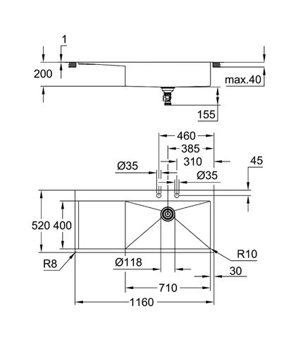GROHE K1000 nerezový drez 1160x520 mm, 2 otvory, odkvapkávač vľavo 31582SD1 Technický nákres