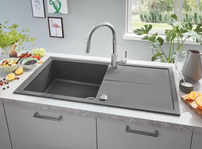 GROHE K400 kompozitný drez 780x500 mm, otočný, 2 otvory, odkvapkávač, granitová čierna 31639AP0 Obrázek - fotka