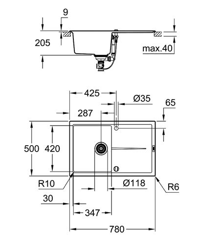 GROHE K400 kompozitný drez 780x500 mm, otočný, 2 otvory, odkvapkávač, granitová čierna 31639AP0 Technický nákres