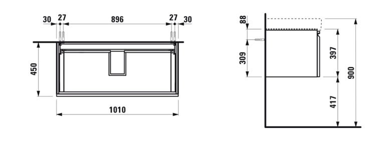 LAUFEN PRO S skrinka pod umývadlo 101x45x39 cm, 1 zásuvka, matná biela H4835510964631 Technický nákres