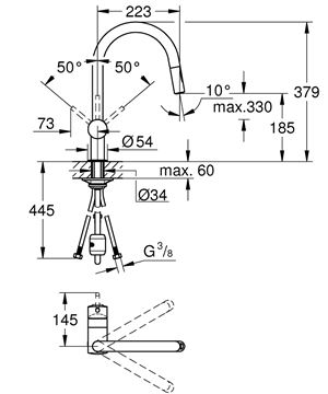 GROHE MINTA drezová batéria, s vyťahovacou sprškou, kartáčovaný cool sunrise 32321GN2 Technický nákres
