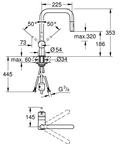 GROHE MINTA drezová batéria, s vyťahovacou sprškou, brúsený warm sunset 32322DL2 Technický nákres