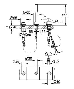 GROHE ESSENCE NEW batéria na okraj vane, 3-otvorová, s prepínačom, so sprchovou súpravou, chróm 19976001 Technický nákres