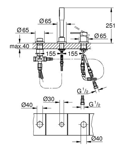 GROHE ESSENCE NEW batéria na okraj vane, 3-otvorová, s prepínačom, so sprchovou súpravou, chróm 19976001 Technický nákres