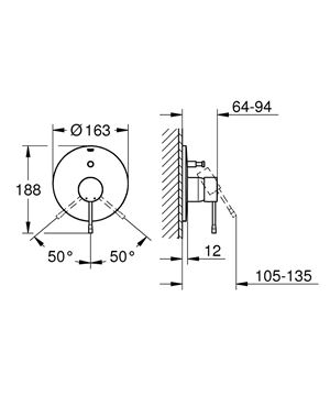 GROHE ESSENCE NEW vaňová podomietková batéria, s prepínačom, brúsený hard graphite 19285AL1 Technický nákres