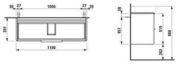 LAUFEN BASE skrinka pod umývadlo 118x39, 1x51, 5 cm, 2 zásuvky, matná biela H4024721102601 Technický nákres