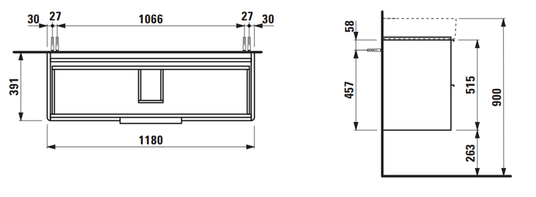 LAUFEN BASE skrinka pod umývadlo 118x39, 1x51, 5 cm, 2 zásuvky, matná biela H4024721102601 Technický nákres