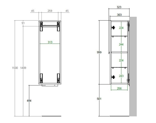 CONCEPT 200/300 nízka skrinka 35x30,3x99,9 cm, 1 dvierka, matná antracitová SSCO200RX1436 Technický nákres
