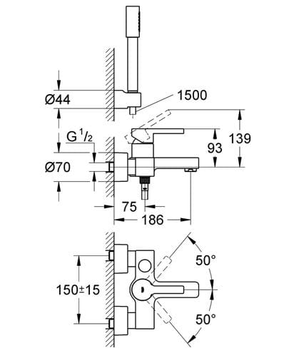 GROHE LINEARE vaňová nástenná batéria, s prepínačom, so sprchovou súpravou, chróm 33850001 Technický nákres