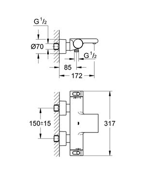 GROHE GROHTHERM 2000 vaňová nástenná termostatická batéria, s prepínačom, chróm 34174001 Technický nákres
