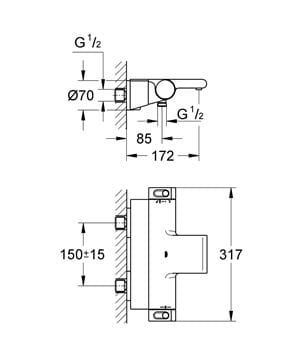 GROHE GROHTHERM 2000 vaňová nástenná termostatická batéria, s prepínačom, chróm 34464001 Technický nákres