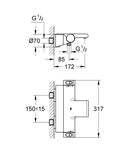 GROHE GROHTHERM 2000 vaňová nástenná termostatická batéria, s prepínačom, chróm 34464001 Technický nákres