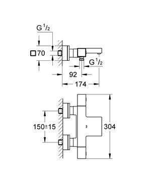 GROHE GROHTHERM CUBE vaňová nástenná termostatická batéria, s prepínačom, chróm 34497000 Technický nákres