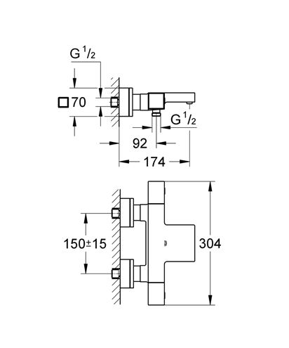 GROHE GROHTHERM CUBE vaňová nástenná termostatická batéria, s prepínačom, chróm 34497000 Technický nákres
