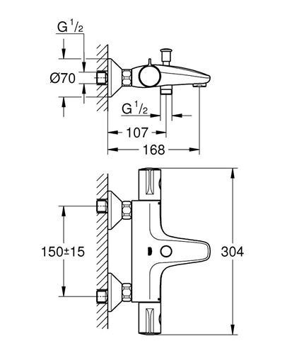 GROHE GROHTHERM 800 vaňová nástenná termostatická batéria, s prepínačom, chróm 34567000 Technický nákres