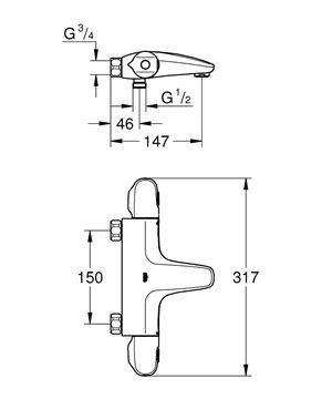 GROHE GROHTHERM 1000 vaňová nástenná termostatická batéria, s prepínačom, chróm 34823003 Technický nákres