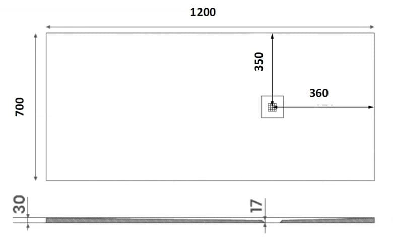 GELCO MITIA sprchová vanička 120x70 cm, liaty mramor, bez nožičiek PMB12070 Technický nákres