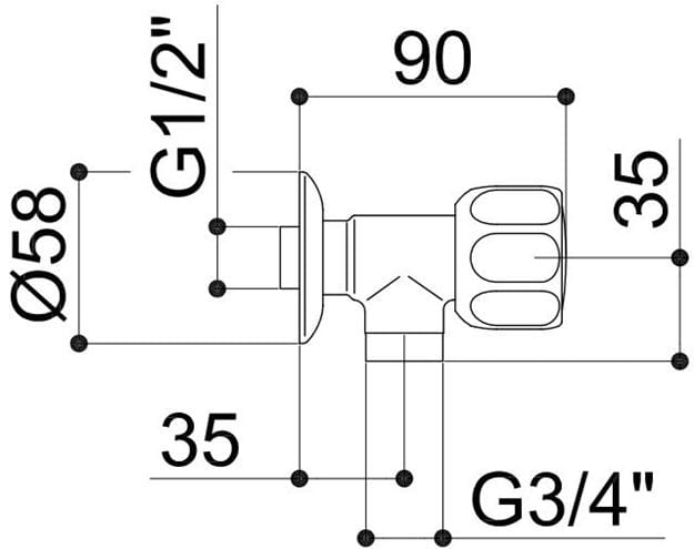 RAF RIO práčkový ventil 1/2"x3/4", chróm RI 10794 Technický nákres