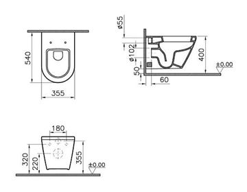 VITRA INTEGRA závesné WC, VitrAhygiene 7063B003-0075 Technický nákres