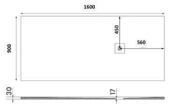 GELCO MITIA sprchová vanička 160x90 cm, liaty mramor, bez nožičiek PMB16090 Technický nákres