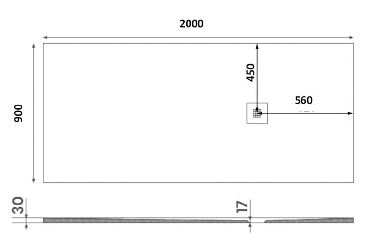 GELCO MITIA sprchová vanička 200x90 cm, liaty mramor, bez nožičiek PMB20090 Technický nákres