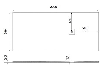 GELCO MITIA sprchová vanička 200x90 cm, liaty mramor, bez nožičiek, sivá PMS20090 Technický nákres