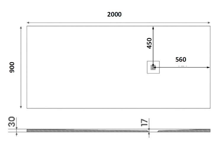GELCO MITIA sprchová vanička 200x90 cm, liaty mramor, bez nožičiek, sivá PMS20090 Technický nákres