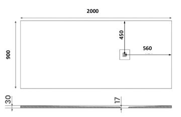GELCO MITIA sprchová vanička 200x90 cm, liaty mramor, bez nožičiek, čierna PMC20090 Technický nákres