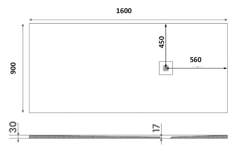 GELCO MITIA sprchová vanička 160x90 cm, liaty mramor, bez nožičiek, čierna PMC16090 Technický nákres