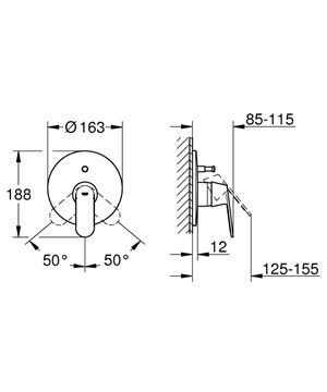 GROHE EUROSMART COSMOPOLITAN vaňová podomietková batéria, s prepínačom, chróm 19382000 Technický nákres