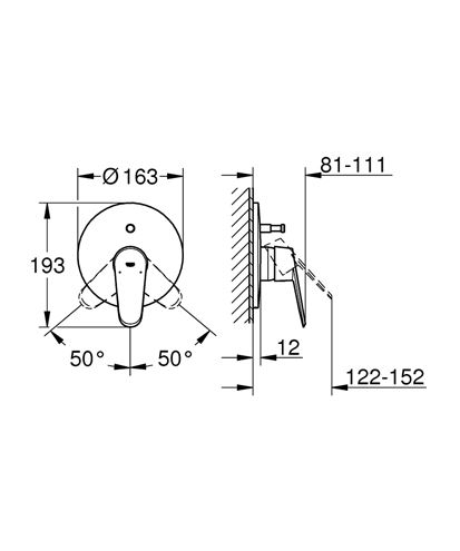 GROHE EURODISC COSMOPOLITAN vaňová podomietková batéria, s prepínačom, chróm 19548002 Technický nákres