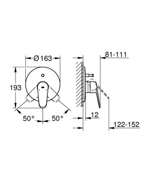 GROHE EURODISC COSMOPOLITAN vaňová podomietková batéria, s prepínačom, chróm 19548002 Technický nákres