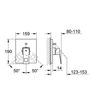 GROHE EUROCUBE vaňová podomietková batéria, s prepínačom, chróm 19896000 Technický nákres