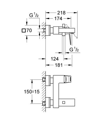 GROHE EUROCUBE vaňová nástenná batéria, s prepínačom, chróm 23140000 Technický nákres