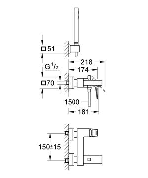 GROHE EUROCUBE vaňová nástenná batéria, s prepínačom, so sprchovou súpravou, chróm 23141000 Technický nákres