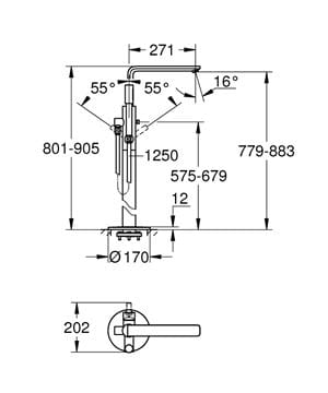 GROHE LINEARE vaňová batéria na podlahu, s prepínačom, so sprchovou súpravou, chróm 23792001 Technický nákres