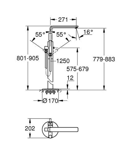 GROHE LINEARE vaňová batéria na podlahu, s prepínačom, so sprchovou súpravou, chróm 23792001 Technický nákres