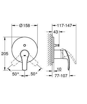 GROHE EUROSMART vaňová podomietková batéria, s prepínačom, chróm 24043002 Technický nákres