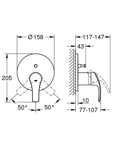 GROHE EUROSMART vaňová podomietková batéria, s prepínačom, chróm 24043002 Technický nákres