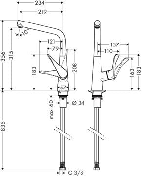 HANSGROHE METRIS M71 drezová batéria, chróm 14822000 Technický nákres
