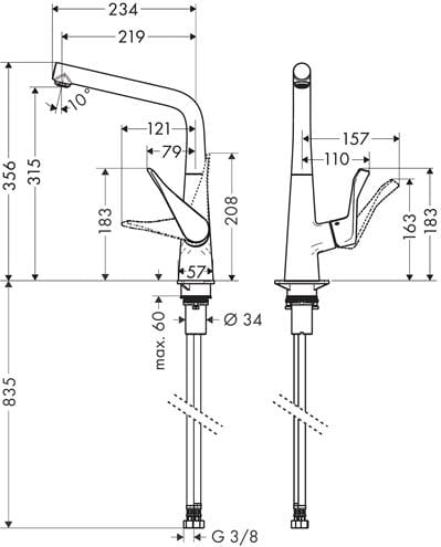 HANSGROHE METRIS M71 drezová batéria, chróm 14822000 Technický nákres