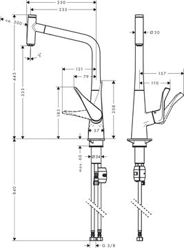 HANSGROHE METRIS SELECT M71 drezová batéria, s vyťahovacou koncovkou, chróm 14884000 Technický nákres