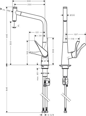 HANSGROHE METRIS SELECT M71 drezová batéria, s vyťahovacou koncovkou, chróm 14884000 Technický nákres